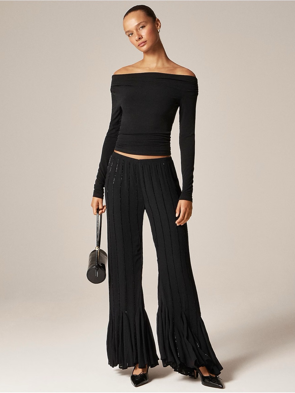 J. Crew Collection Beaded Cosmo Black Flared Pants with Flounce Hem NWT